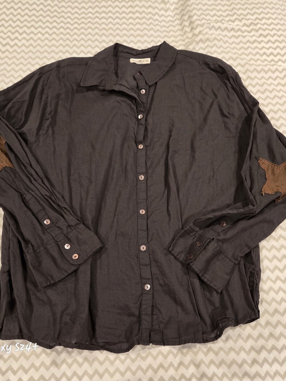 Women's Black Button-Down Shirt with Star Elbow Patches